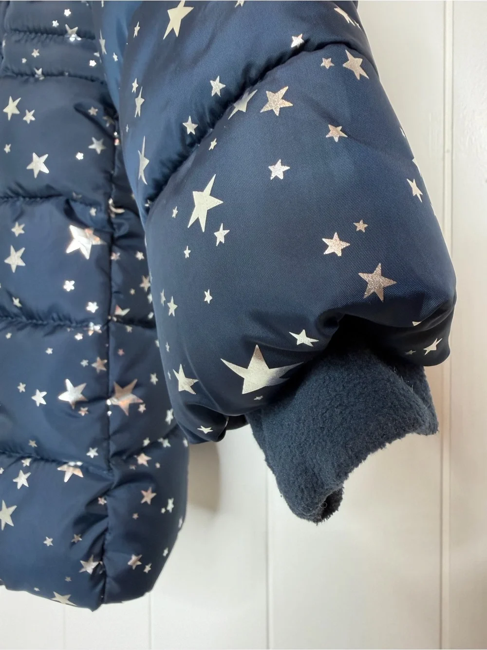 Girls' Navy Star-Print Hooded Puffer Coat with Faux-Fur Trim